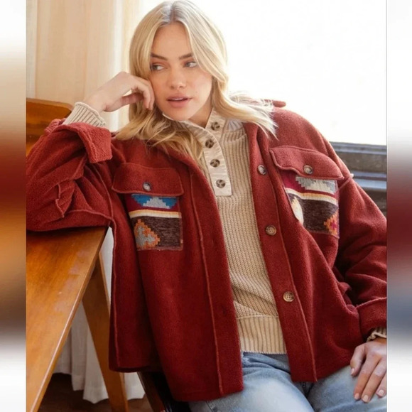 New Easel Ethnic Print Mix Fleece Jacket - Picture 2 of 5